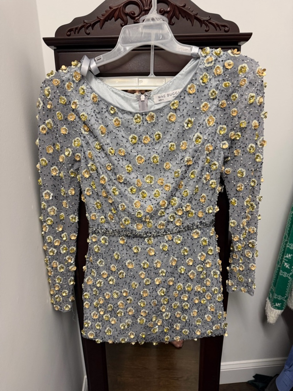 Mac Duggal Silver Gown with Gold Floral Embellishments — Long Sleeve - Picture 6 of 6